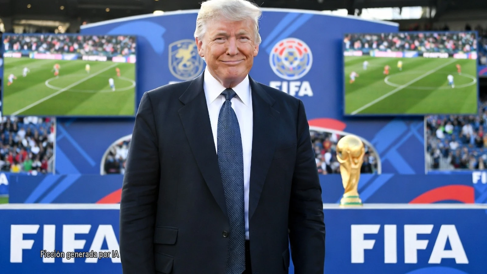 La FIFA rinde pleitesía a su majestad Donald Trump. Donald Trump sonriendo frente al logo de la FIFA y la Copa del Mundo.