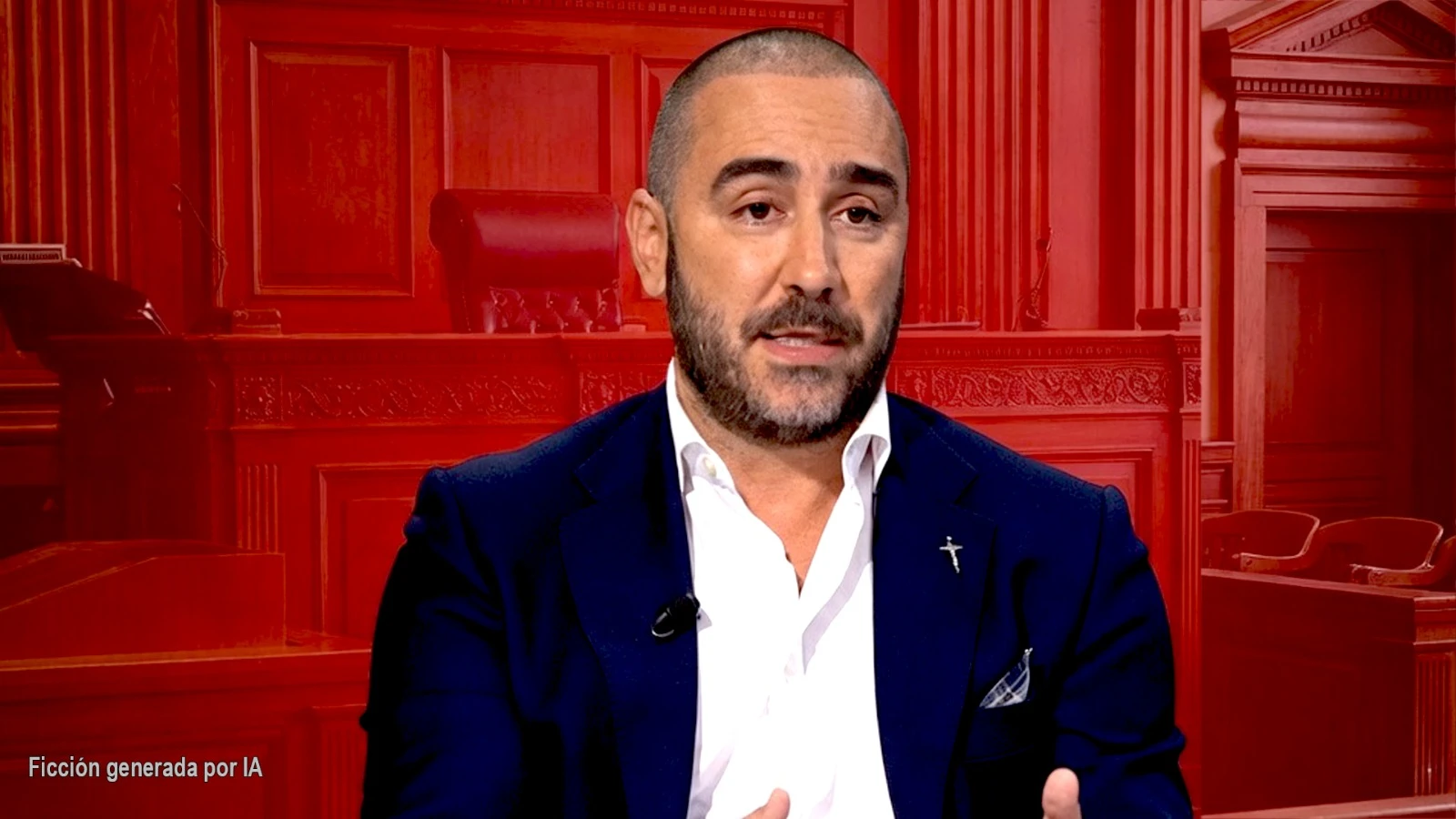 Aldama comparece ante el magistrado que indaga en los pagos en efectivo vinculados al PSOE. Víctor de Aldama en un plató o acto público con fondo rojo.