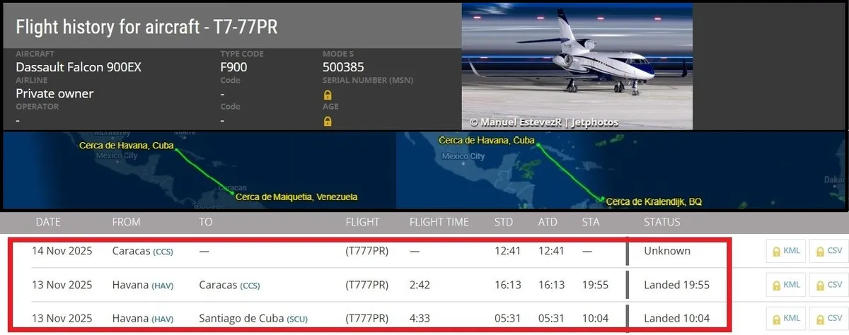 Foto: Seguimiento del Dassault Falcon 900 EX Matrícula T7-77PR, perteneciente a la Presidencia de Cuba, entre La Habana, Maiquetía y Bonaire en Antillas Holandesas.